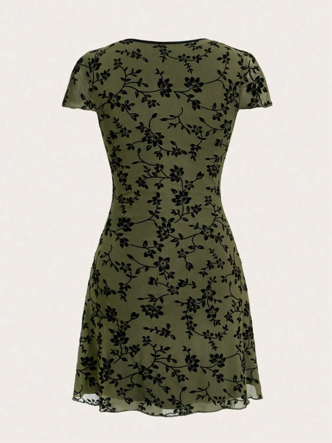 Printed V-Neck Mini Dress in Moss