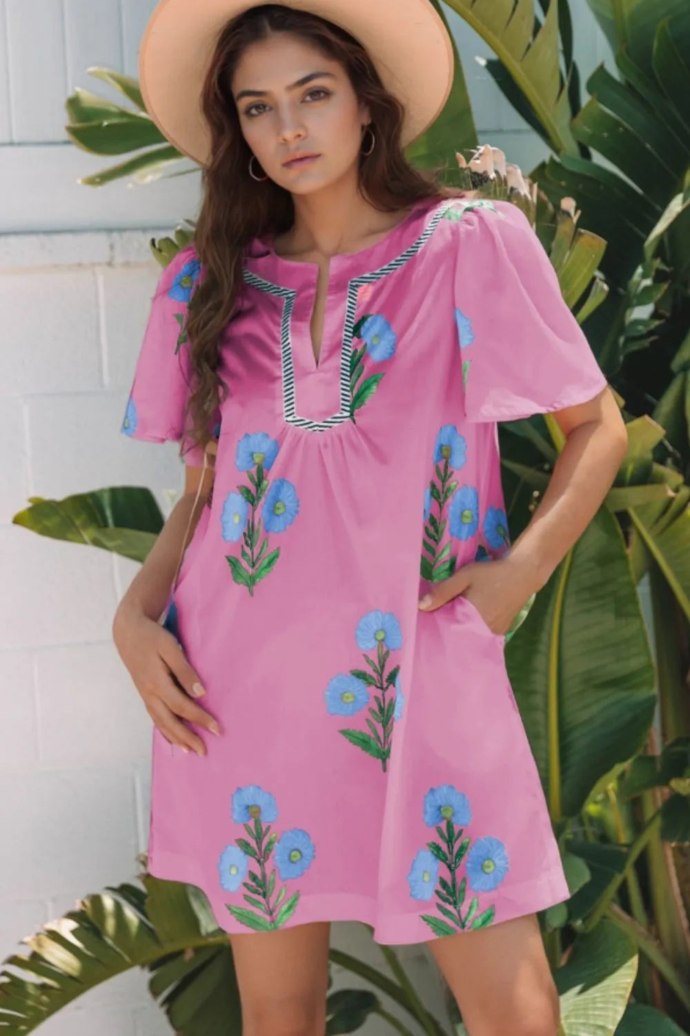 Floral Notched Mini Dress with Striped Trim