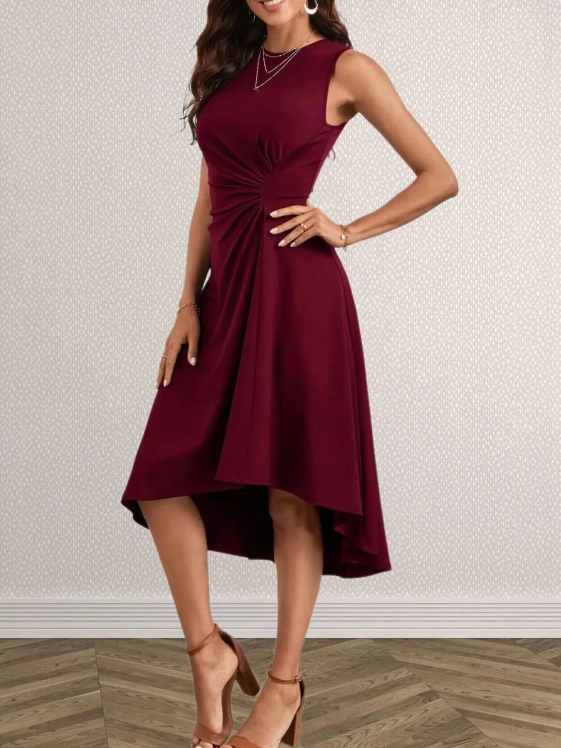 Ruched Round Neck High-Low Dress