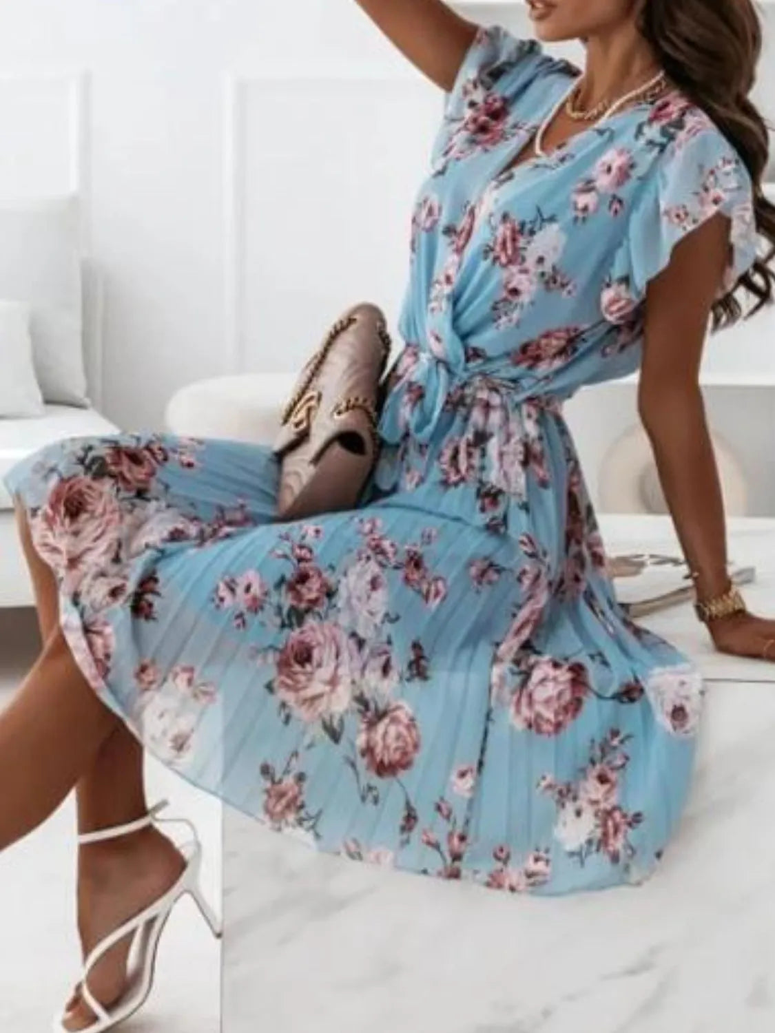 Floral Surplice Ruffled Cap Sleeve Dress