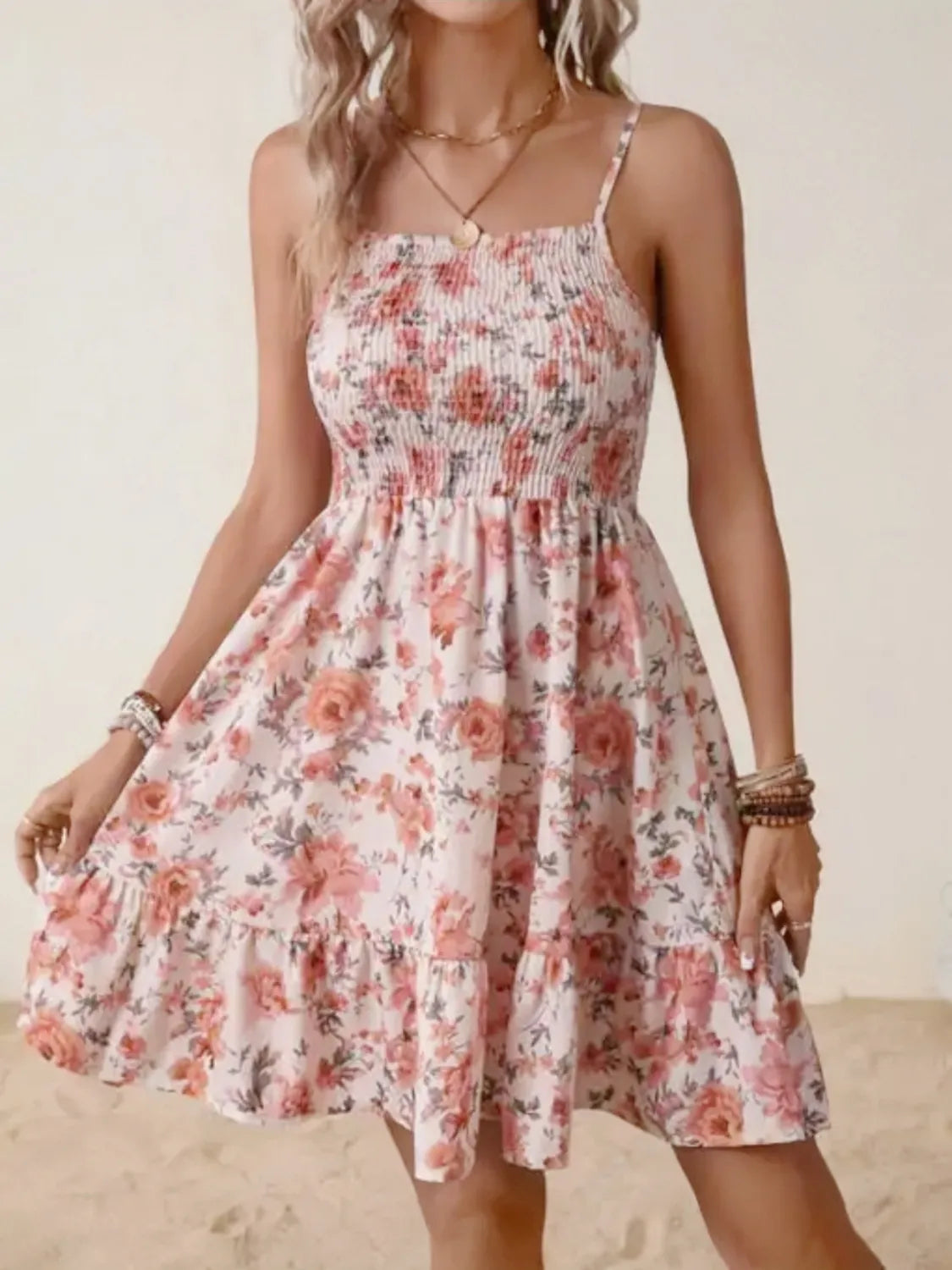 Smocked Square Neck Cami Dress in Floral
