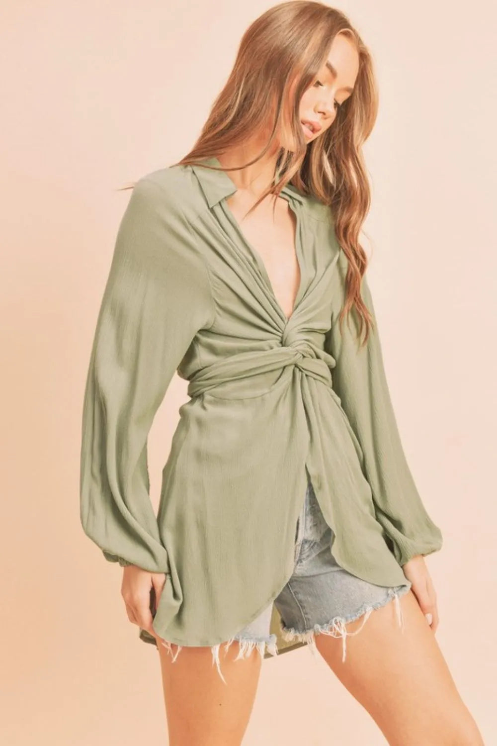 Tied Collar Long Sleeve Top in Sage