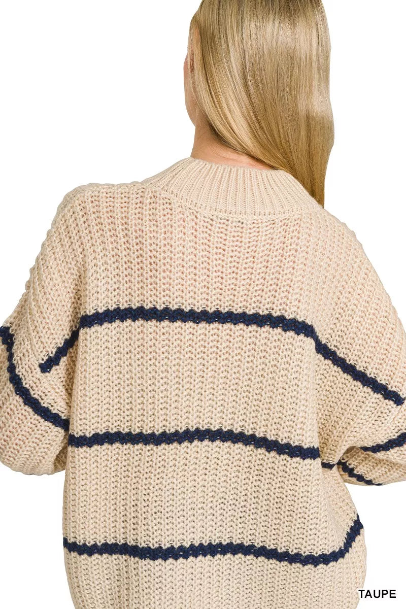 Zenana Oversized Striped Sweater in Taupe