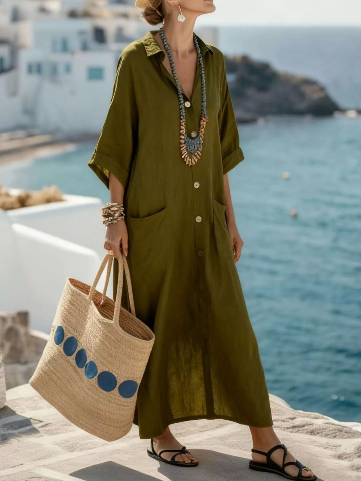 Button Front 3/4 Sleeve Maxi Dress in Olive