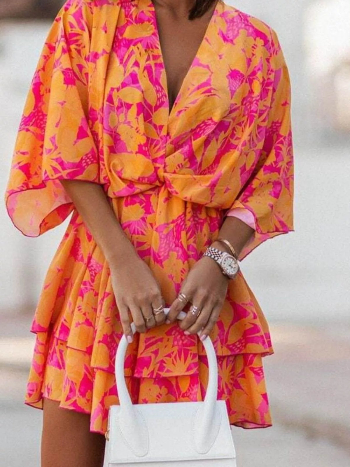 Tiered Surplice Mini Dress with Belt