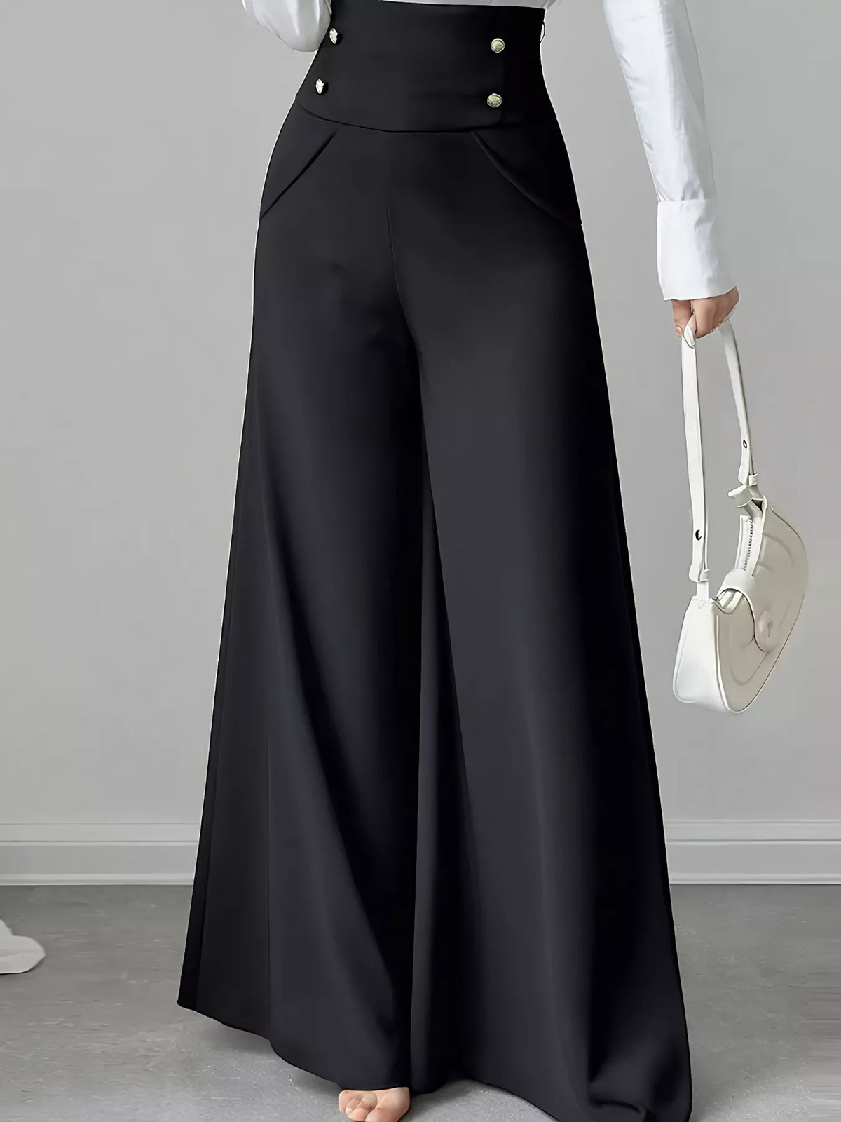 High Waist Wide Leg Pants with Button Detail