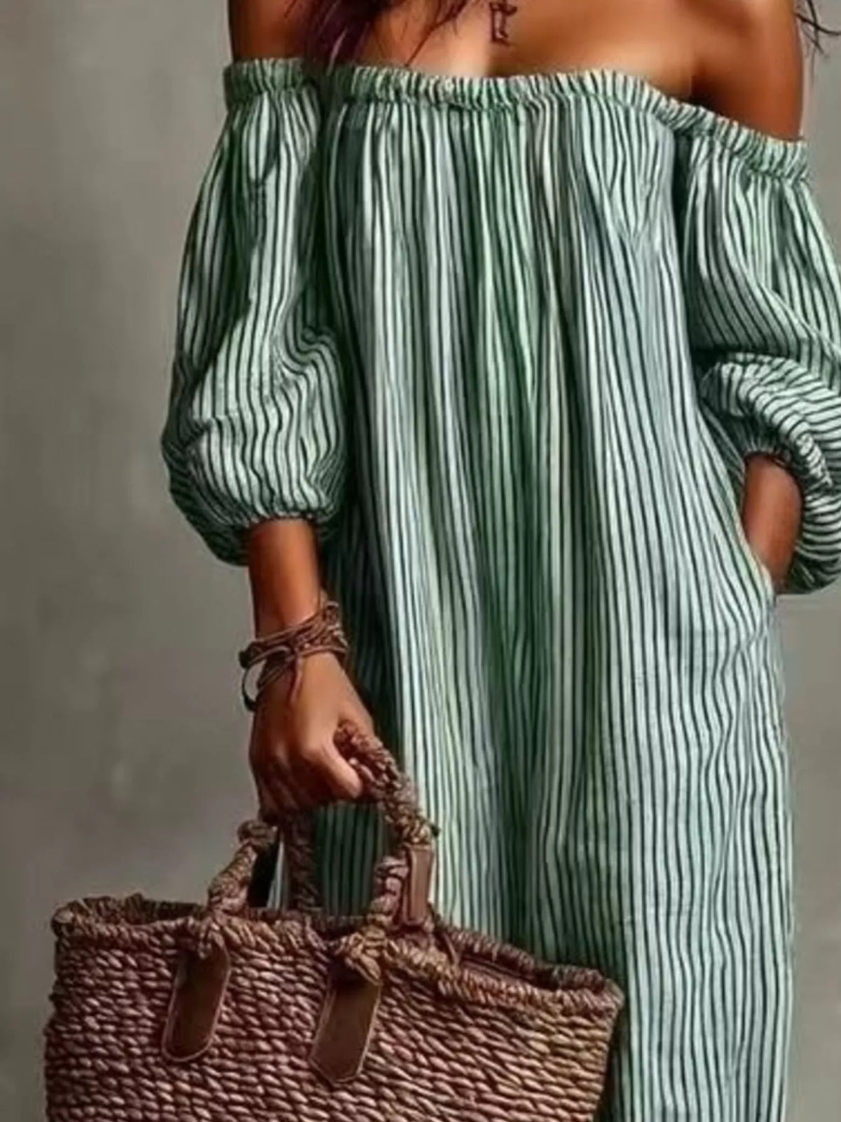 Off-Shoulder Striped Maxi Dress with Puff Sleeves