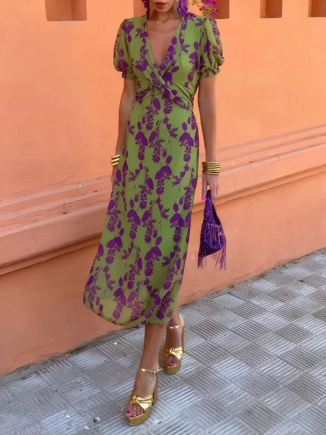Printed Plunge Midi Dress in Moss