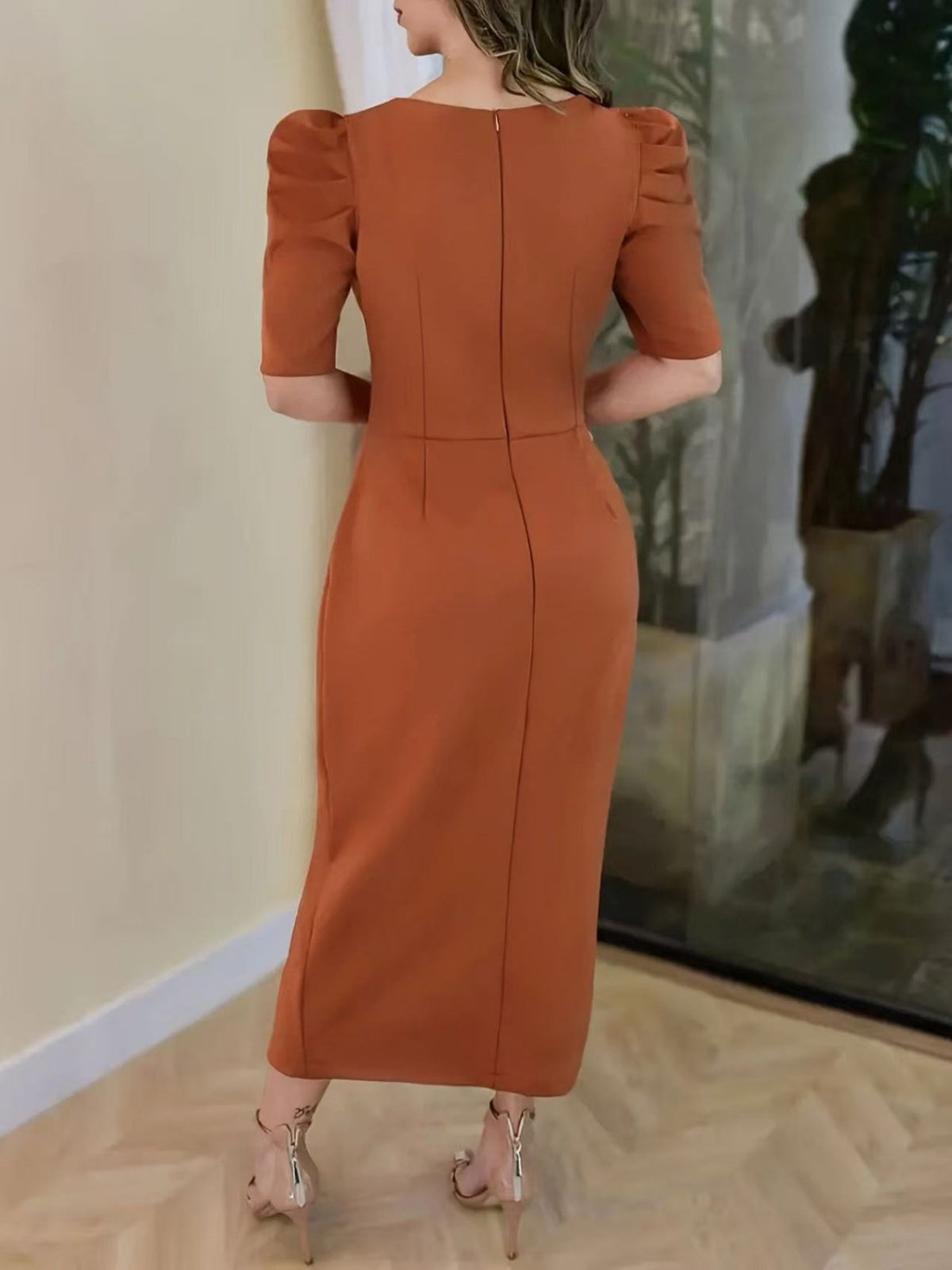 Floral Short Sleeve Ruched Bodycon Midi Dress in Light Brown