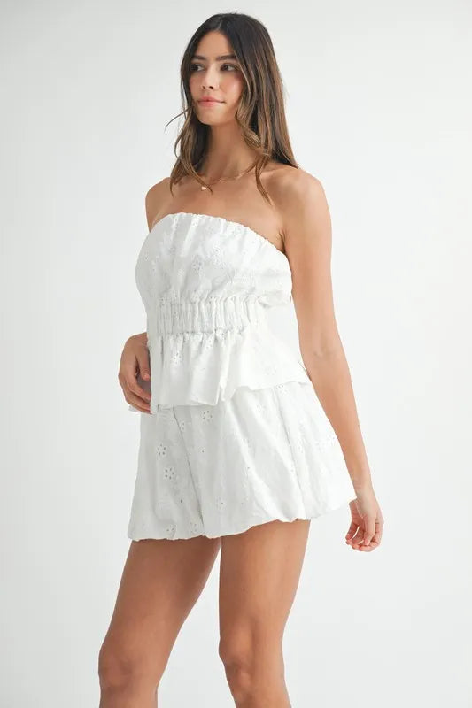 Floral Eyelet Lace Tube Top and Shorts Set in Off White