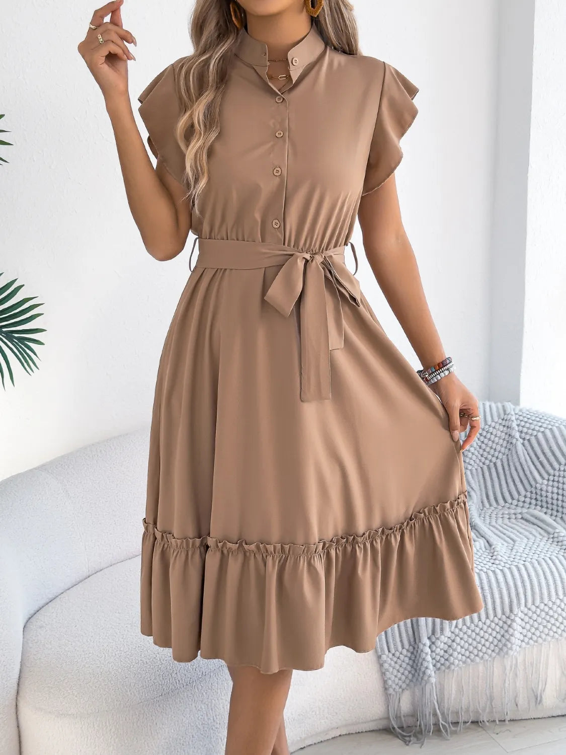 Tie-Waist Ruffled Cap Sleeve Dress