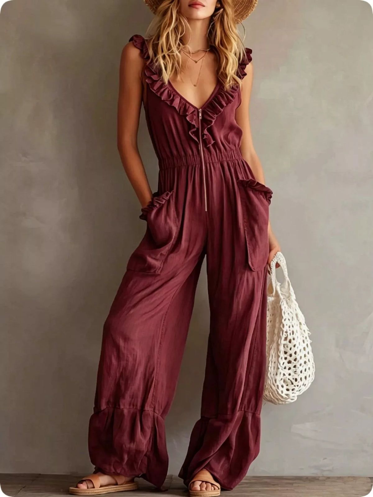 Ruffled V-Neck Jumpsuit with Pockets