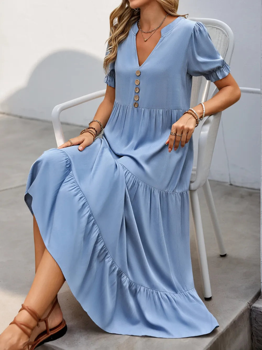 Notched Tiered Midi Dress in Light Blue