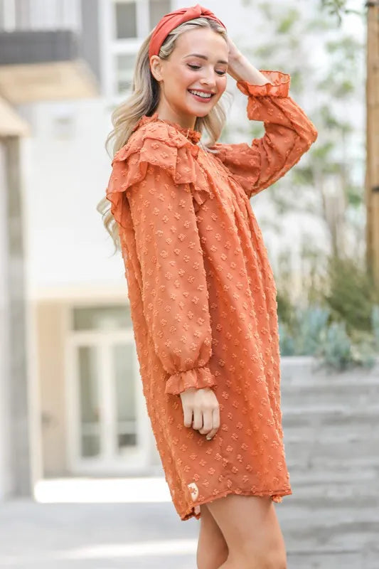 And The Why Ruffle Shoulder Swiss Dot Dress in Camel