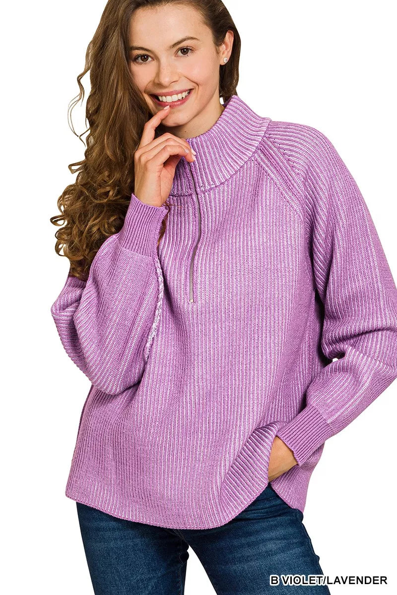 Zenana Ribbed Two-Tone Half-Zip Sweater in Violet and Lavender in B violet/lavender