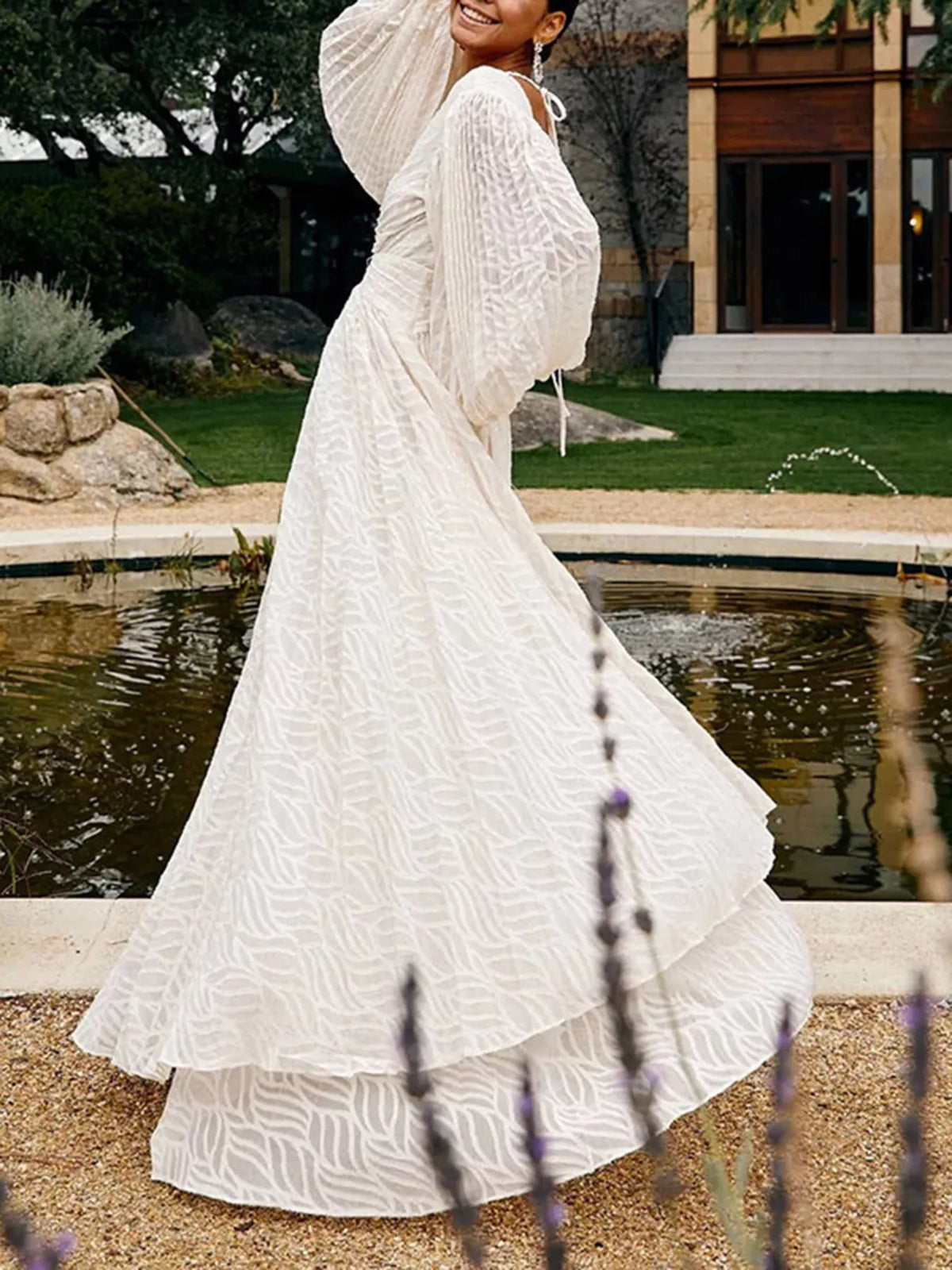 V-Neck Long Sleeve Maxi Dress in White