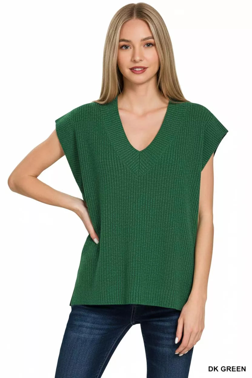 Zenana Ribbed Slit V-Neck Sweater Vest in Dark Green in Dk green