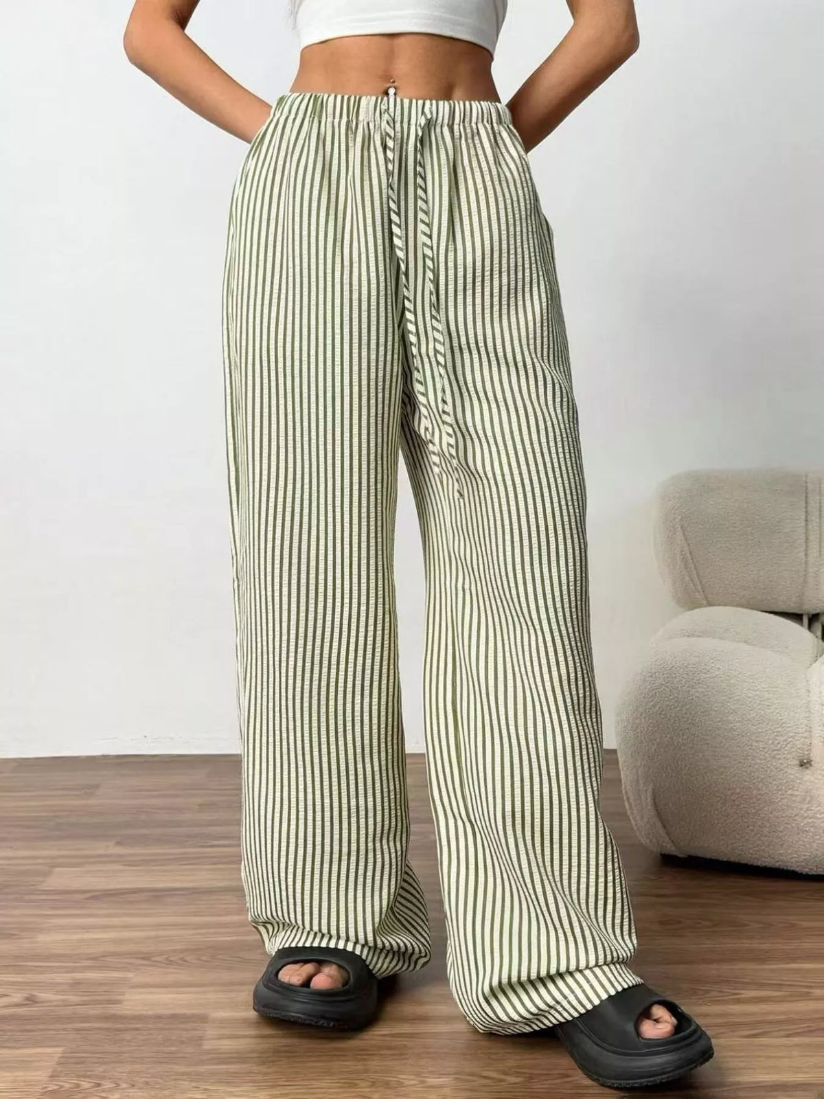 Plus-Size Striped Drawstring Wide-Leg Pants