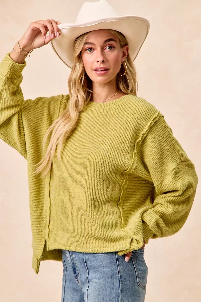 Boucle Uneven Hem Sweater in Lime by BiBi