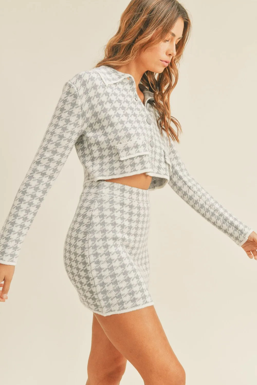 Houndstooth Cropped Cardigan and Mini Skirt Set in Blue