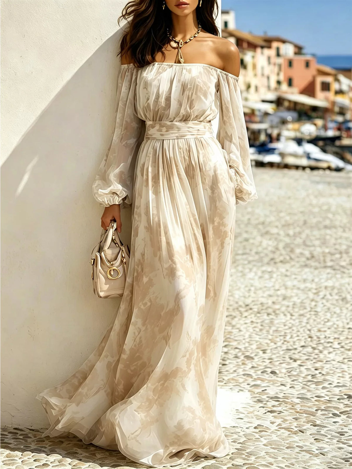Off-Shoulder Balloon Sleeve Maxi Dress
