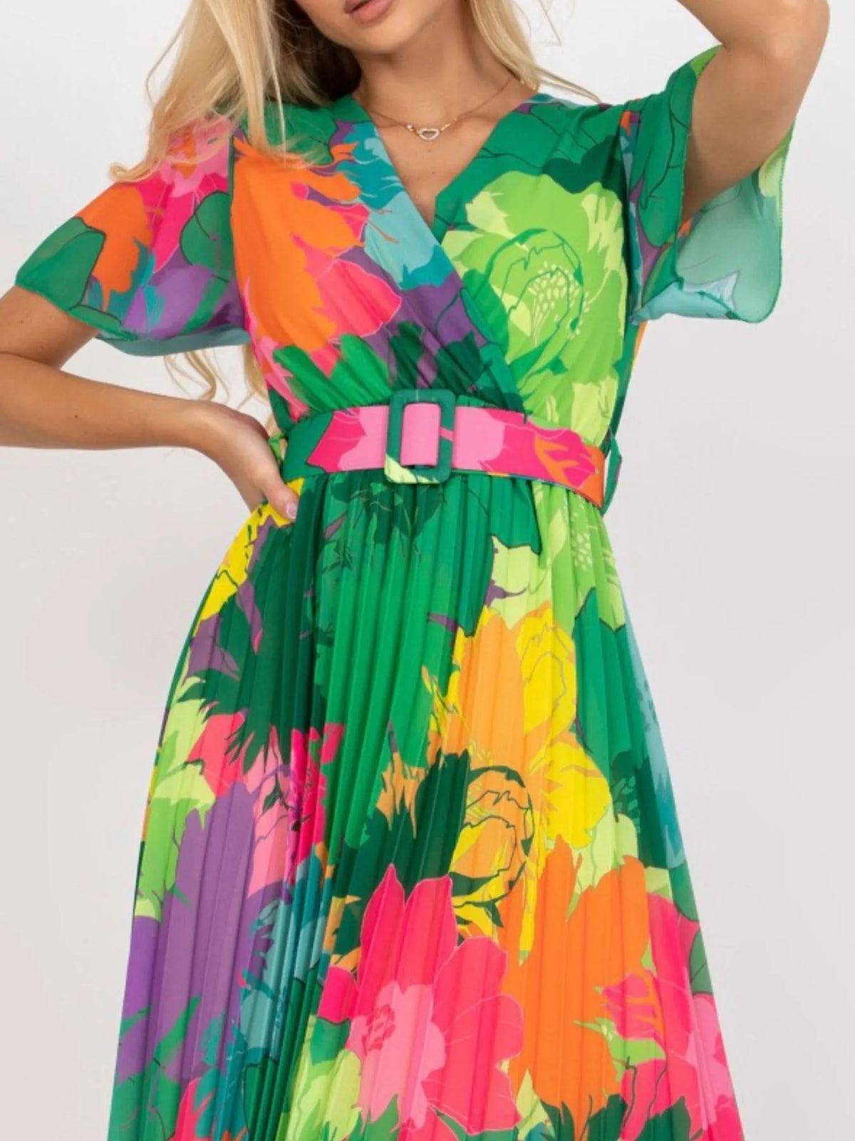 Printed Pleated Midi Wrap Dress
