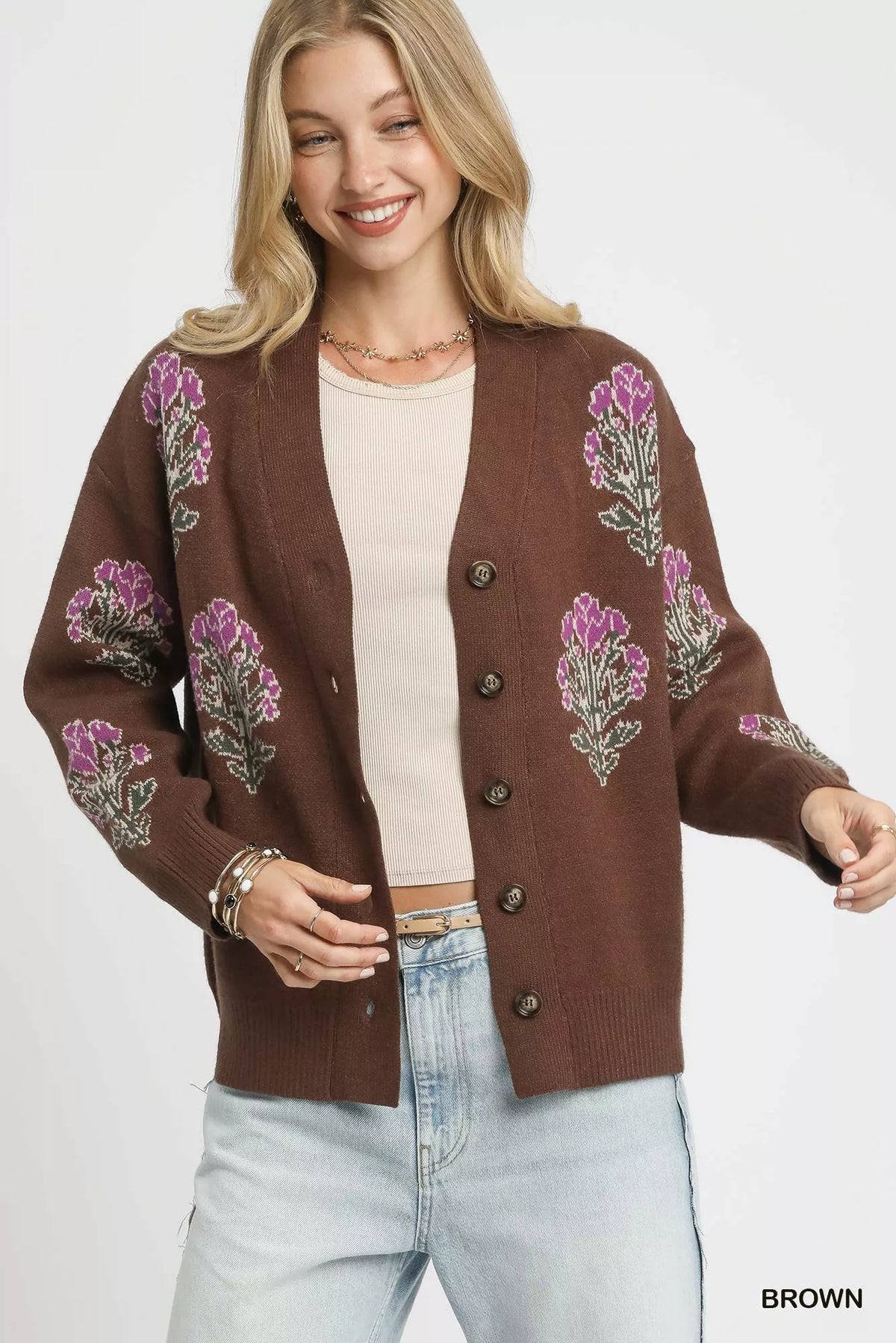 Umgee Jacquard Flower Cardigan in Brown