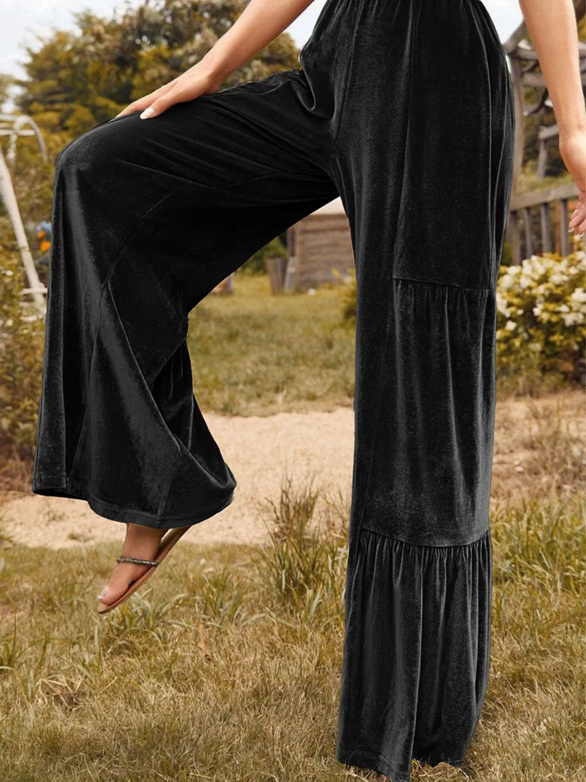 Ruched Velvet Wide-Leg Pants