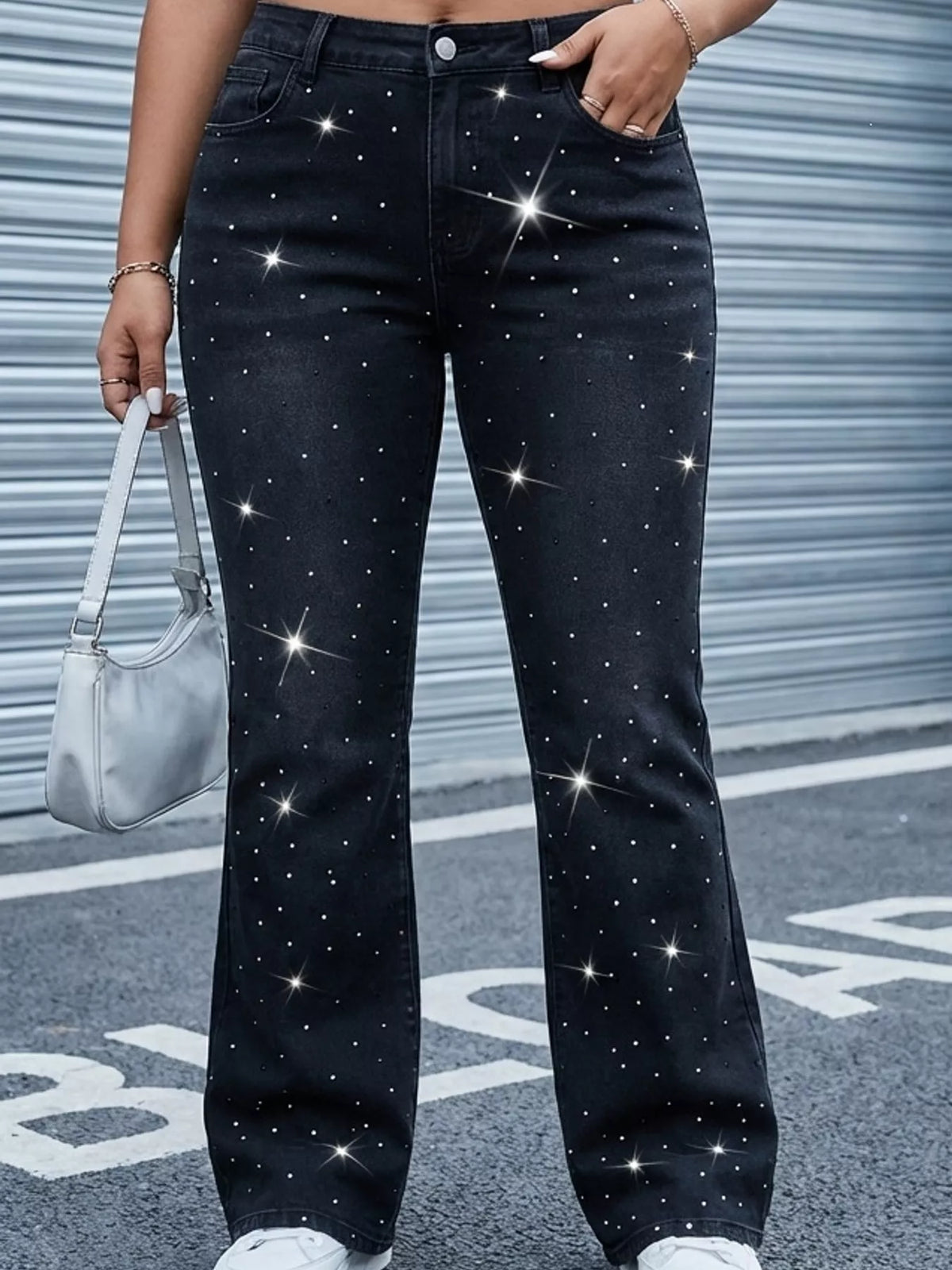 Rhinestone Embellished Flare Jeans in Black