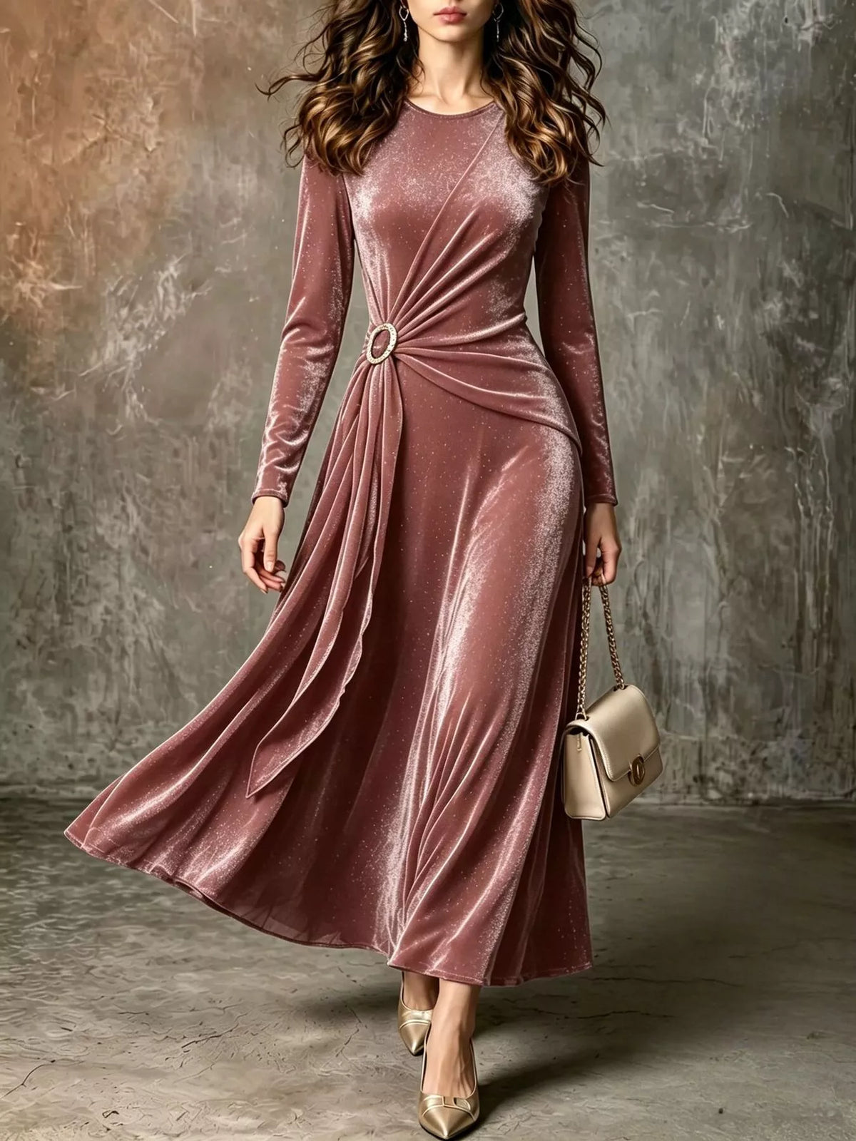 Velvet Long-Sleeve Maxi Dress with Ring Detail