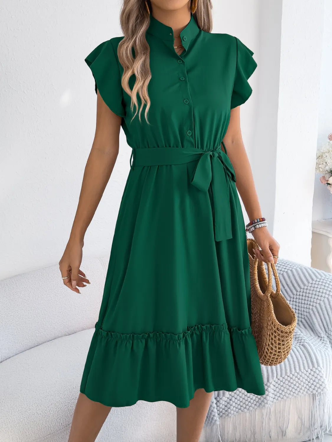 Tie-Waist Ruffled Cap Sleeve Dress