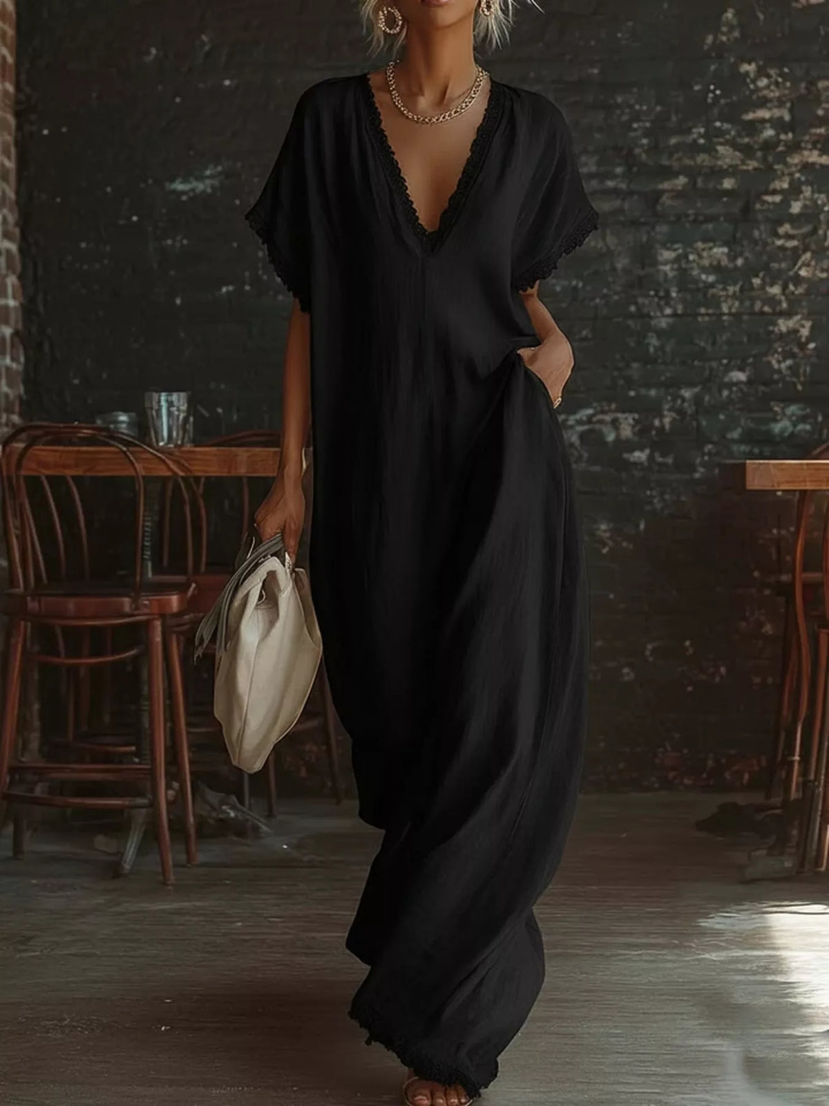 Lace Trim V-Neck Maxi Dress
