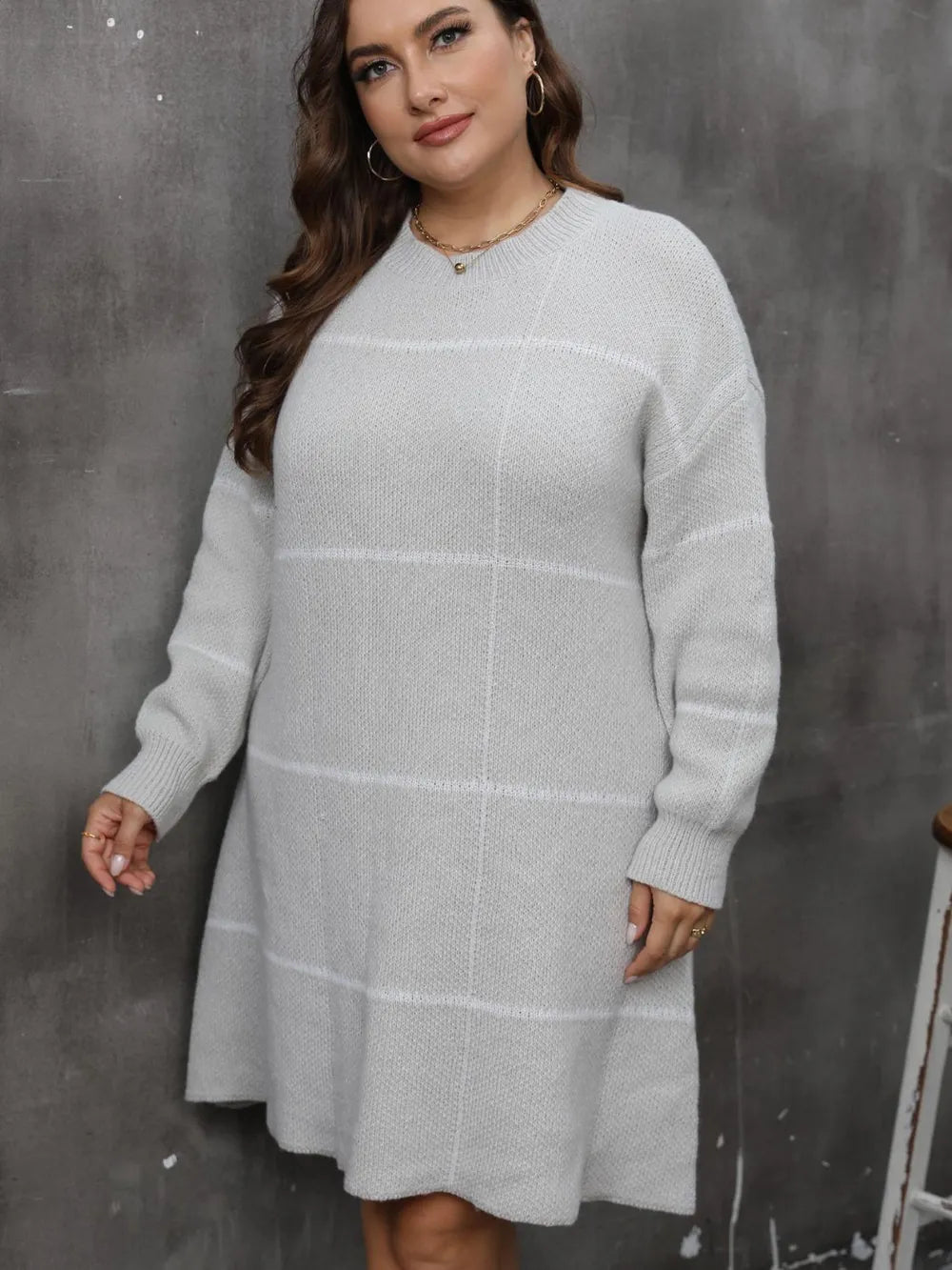 Round Neck Long Sleeve Sweater Dress in Gray