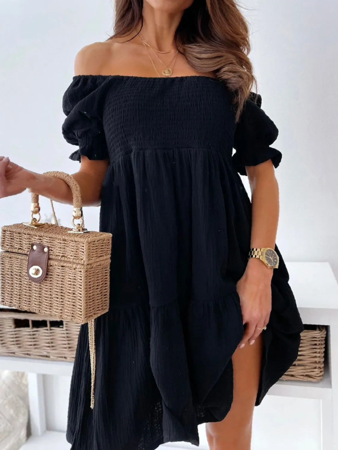 Smocked Off-Shoulder Mini Dress