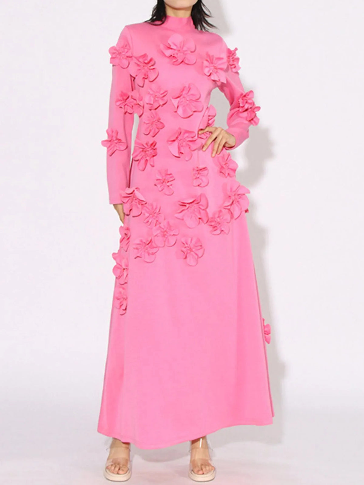 Floral Applique Long Sleeve Maxi Dress in Pink