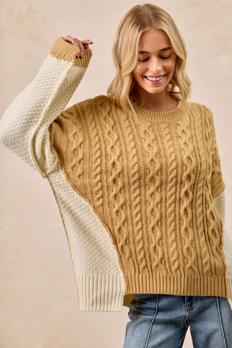 Mustard Ivory Cable Knit Hacci Combo Sweater in Lt mustard/ivory by BiBi