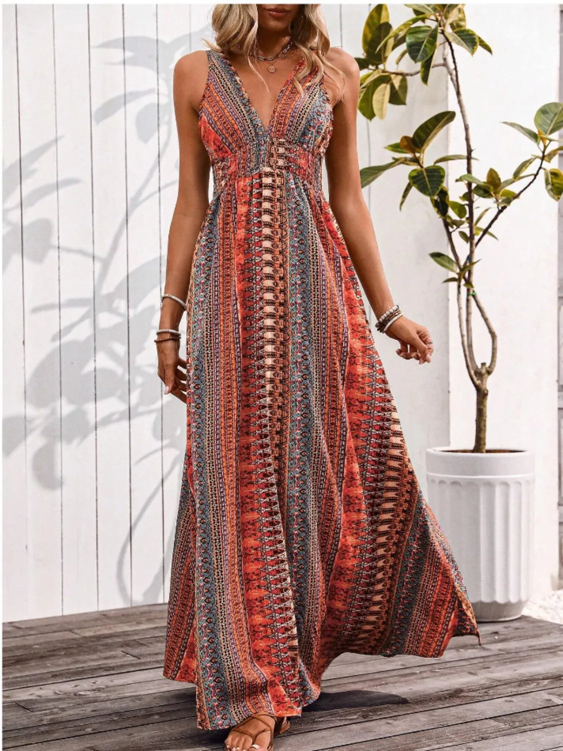 Tied-Back Printed Maxi Slit Dress