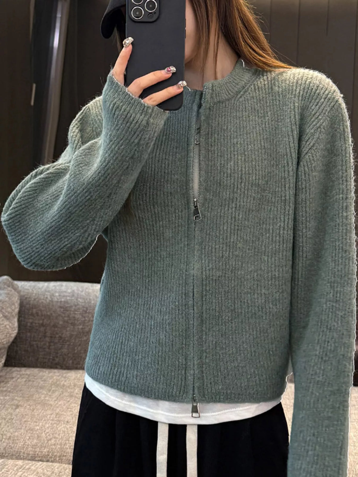 Zip-Up Dropped Shoulder Ribbed Cardigan