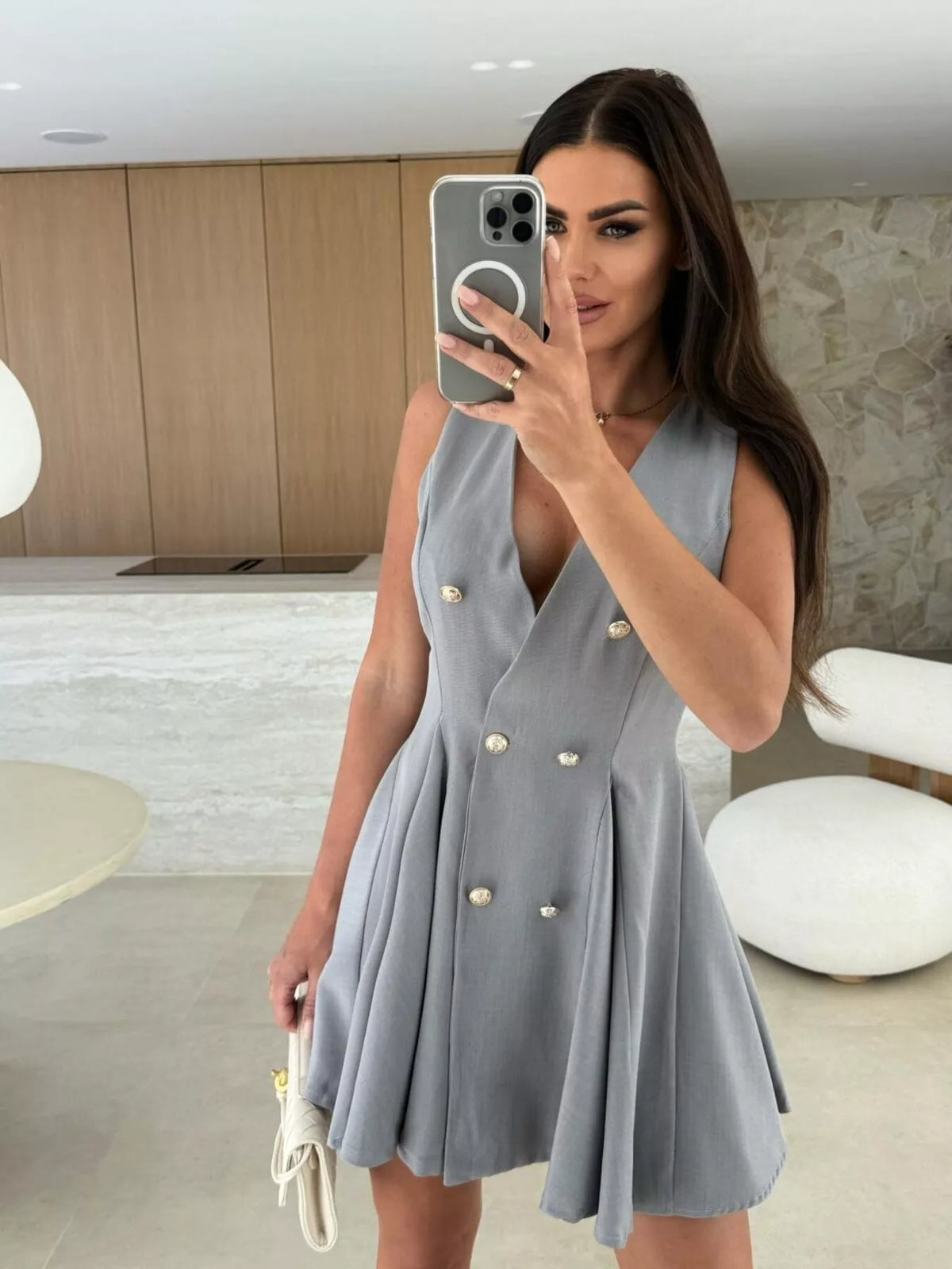 Double-Breasted V-Neck Pleated Mini Dress
