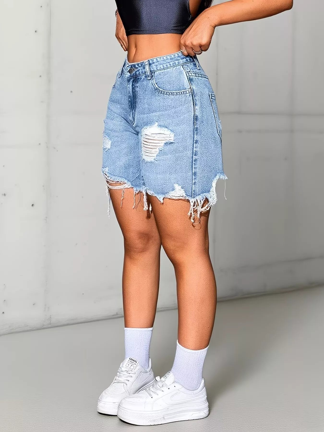 Distressed High Waist Denim Shorts in Light Blue