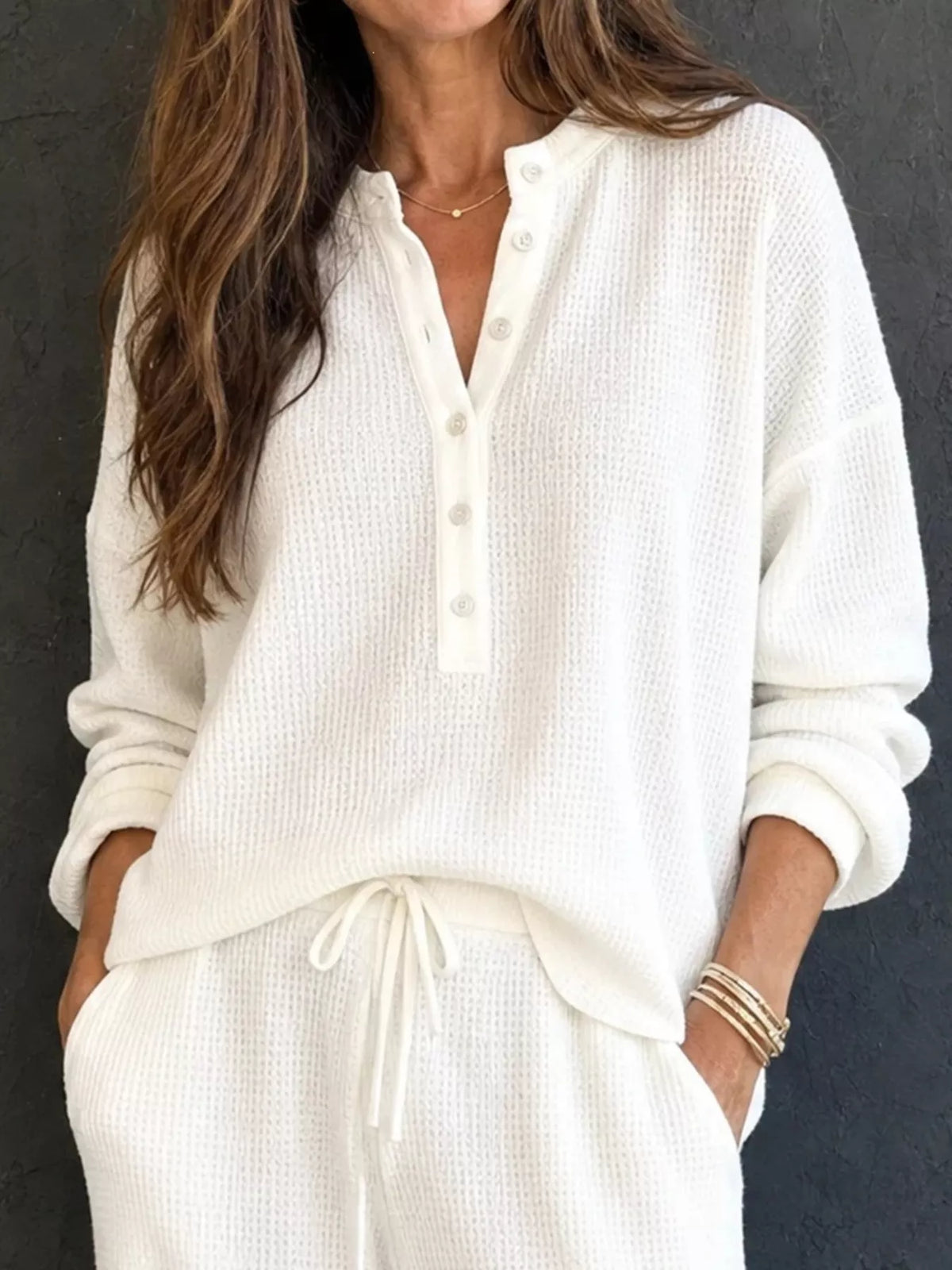 Waffle-Knit Button Detail Top and Pants Set