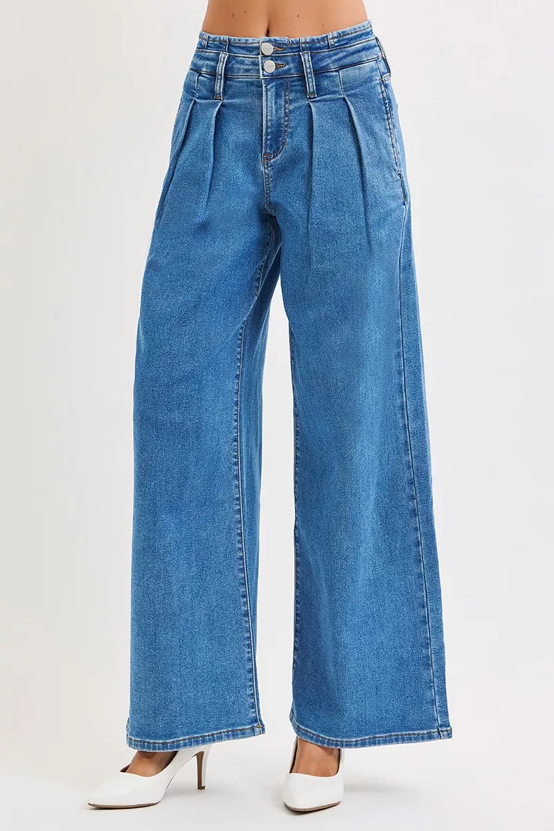 Risen Mid Rise Wide Leg Jeans with Pleated Detail in Medium Wash
