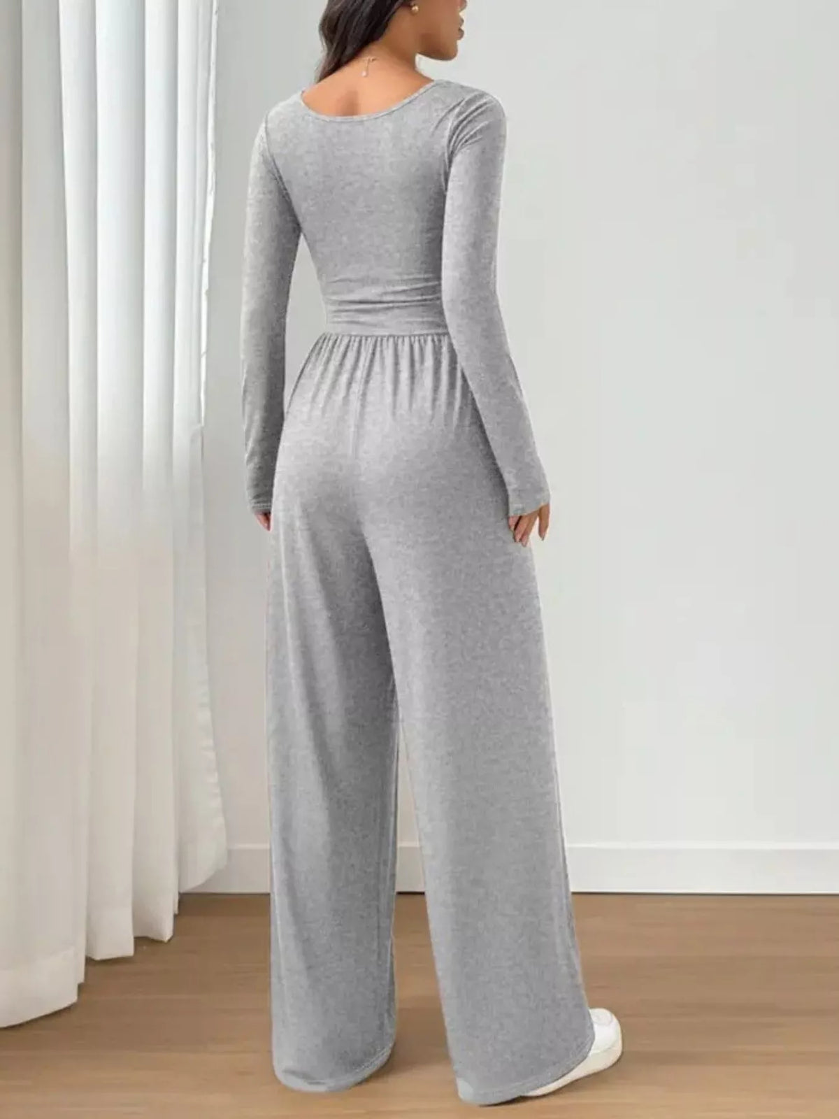 Scoop Neck Ruched Wide Leg Jumpsuit