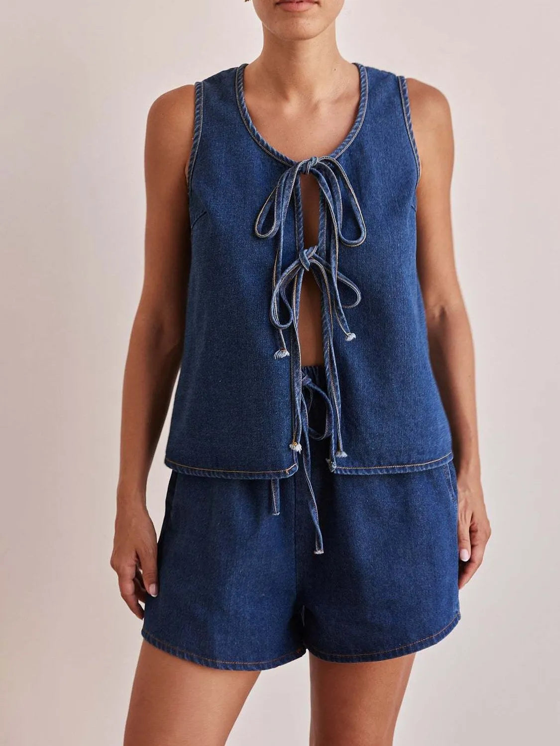 Tie-Front Vest and Shorts Denim Set