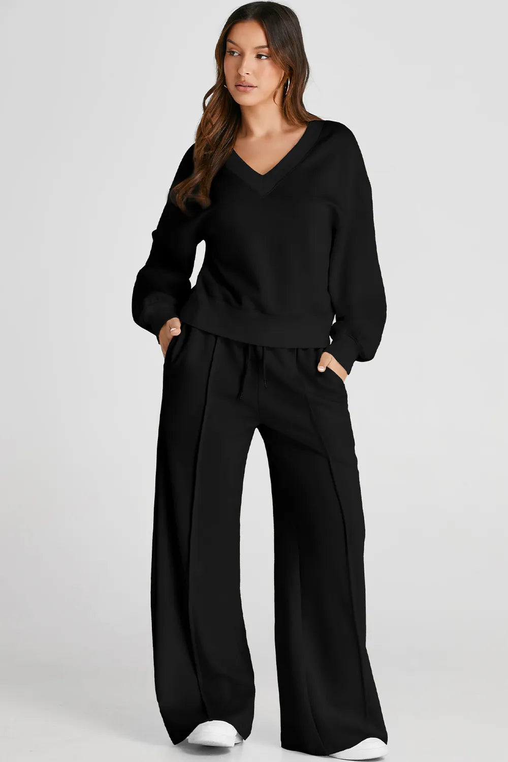 V-Neck Long-Sleeve Top and Pants Active Set in Black