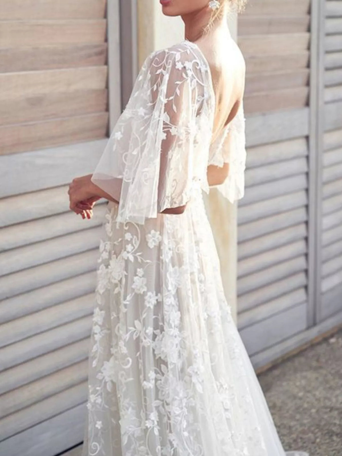 Lace Flutter Sleeve V-Neck Dress in White