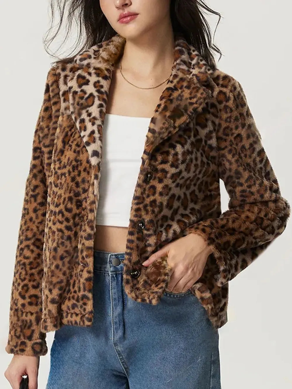 Fuzzy Leopard Collared Jacket