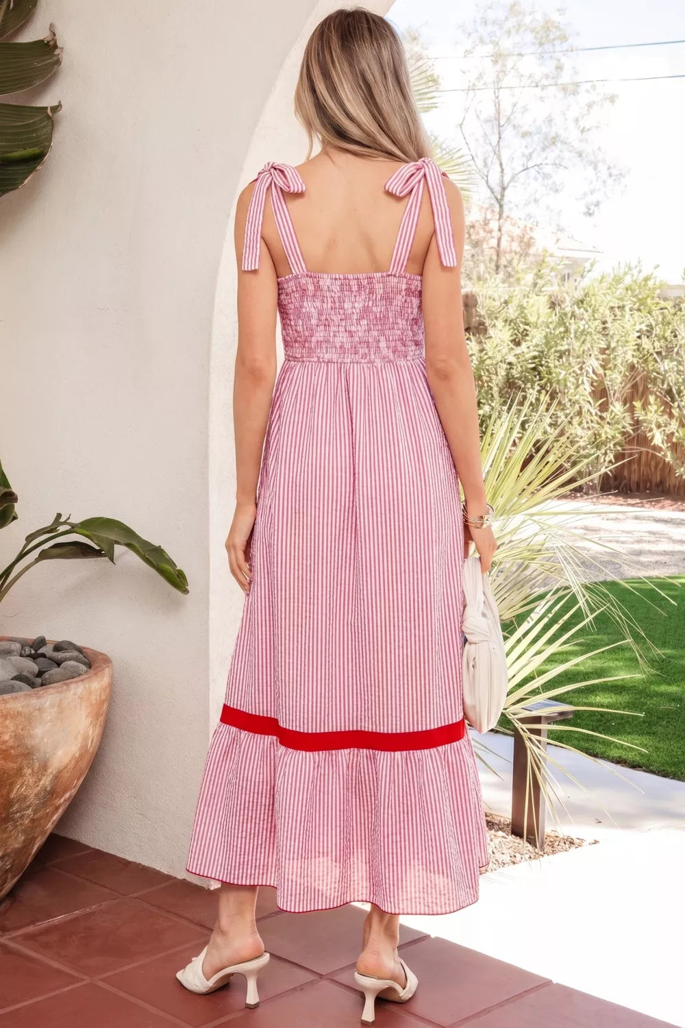 Striped Bow-Strap Ruffle Hem Maxi Dress in Dusty Pink