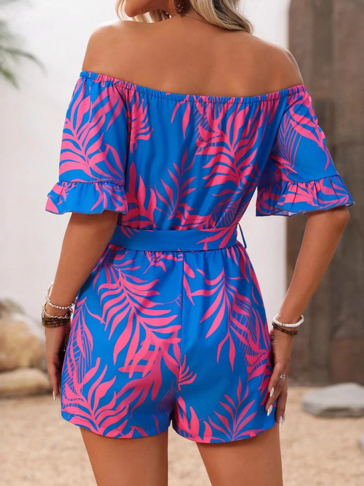 Tropical Print Off-Shoulder Romper in Blue