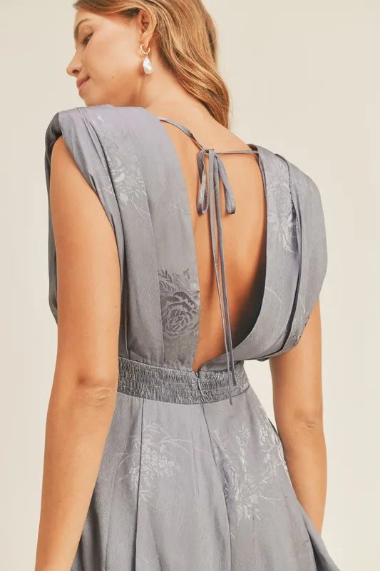 Draped Romper with Pleated Shoulder Pad in Midnight Blue